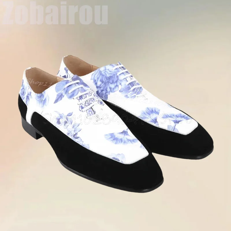 

Floral Print Patchwork Square Toe Strappy Loafers Fashion Slip On Men Shoes Luxury Handmade Party Banquet Dating Men Dress Shoes