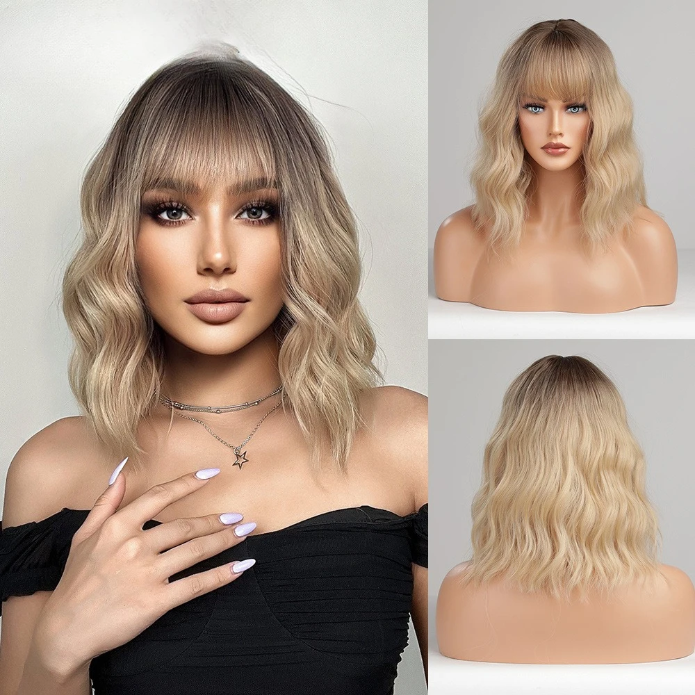 

European and American new models, Qi bangs gradual change BOBO head curly hair, chemical fiber high temperature silk wig headgea
