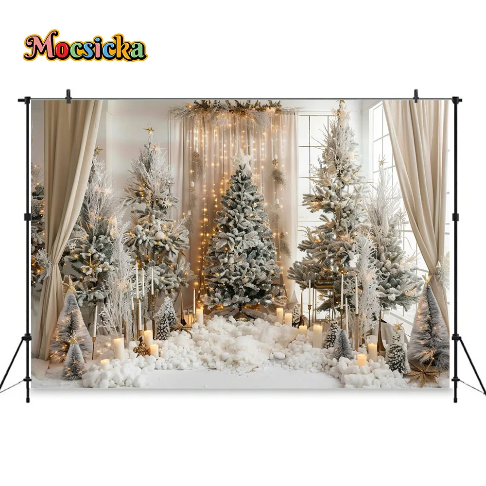 Christmas Photography Background Snowy Xmas Tree Candles Glitter White Curtain Backdrop Winter Family Home Interior Photo Studio