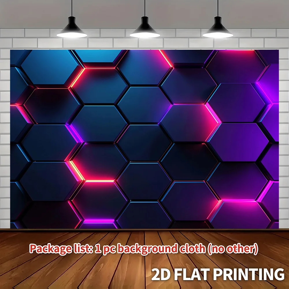 2D Flat 1pc Neon Hexagon Pattern Glowing Cyberpunk Geometric 3D Wall Tapestry Futuristic Tech Decor Gaming Room Background Print