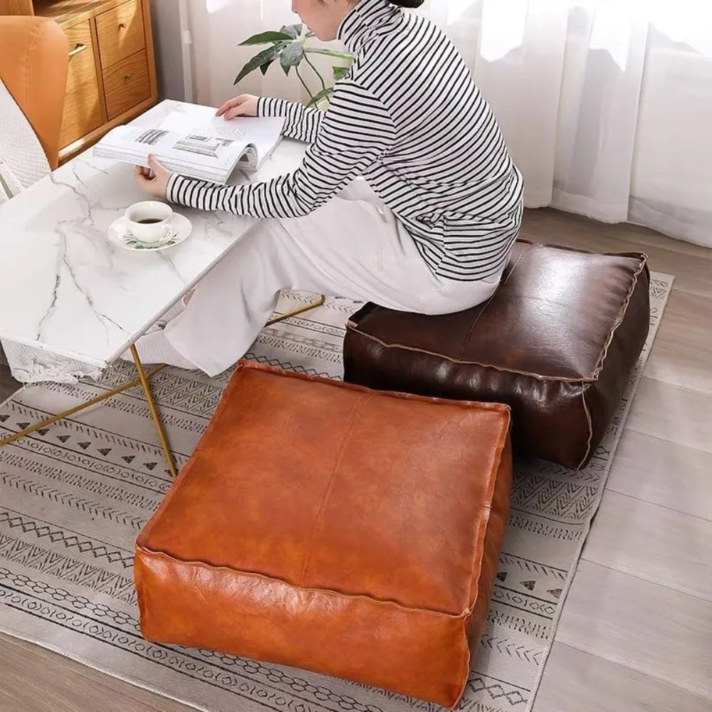 Large Capacity Square Pouf Cover Removable Waterproof Storage Leg Bench Non-Slip Solid Color Leather Pouf Clothes Storage