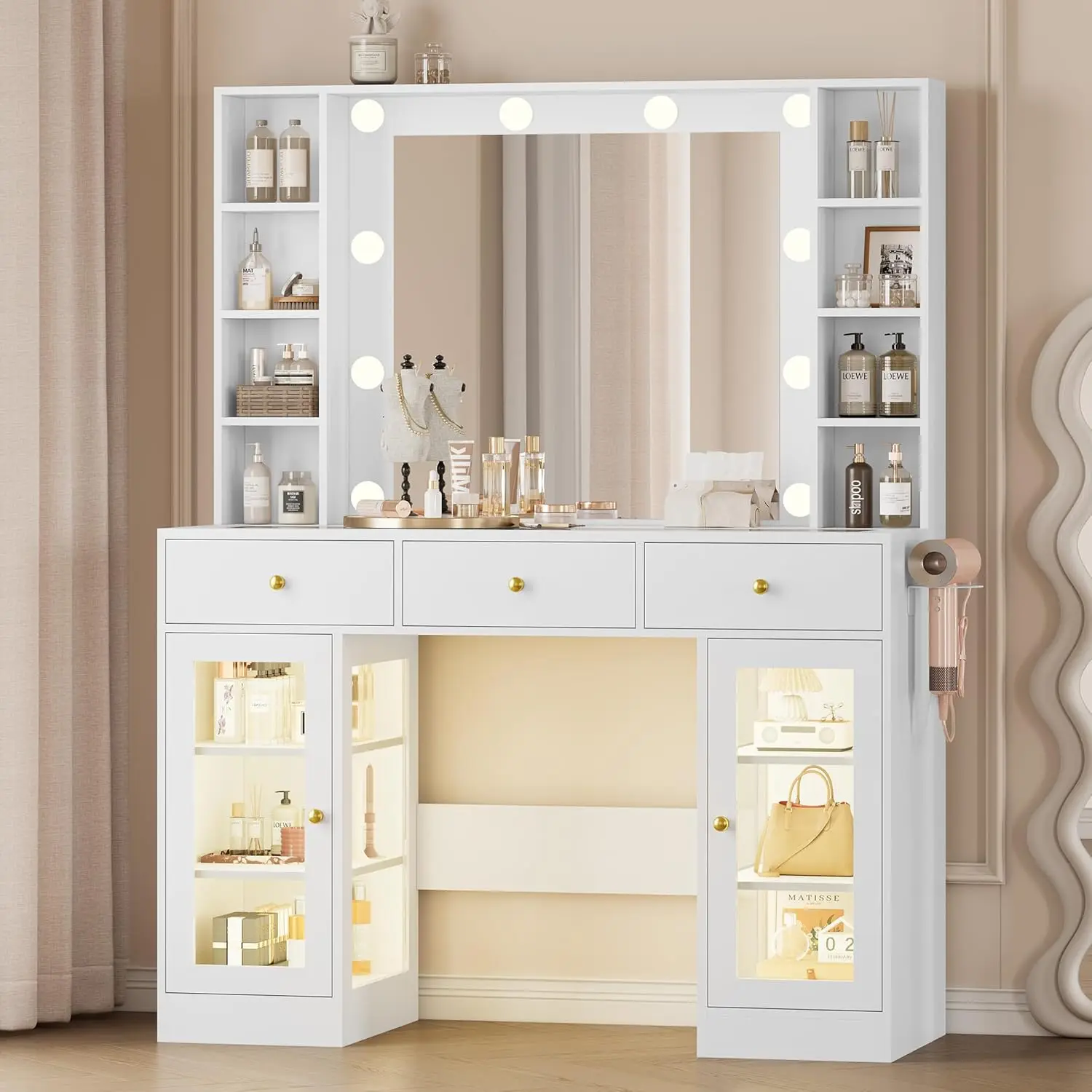 

White LED-Lit Dressing Table with Mirror, Glass Top, 3 Drawers, 2 RGB Cabinets, Power Outlet, Adjustable Lighting