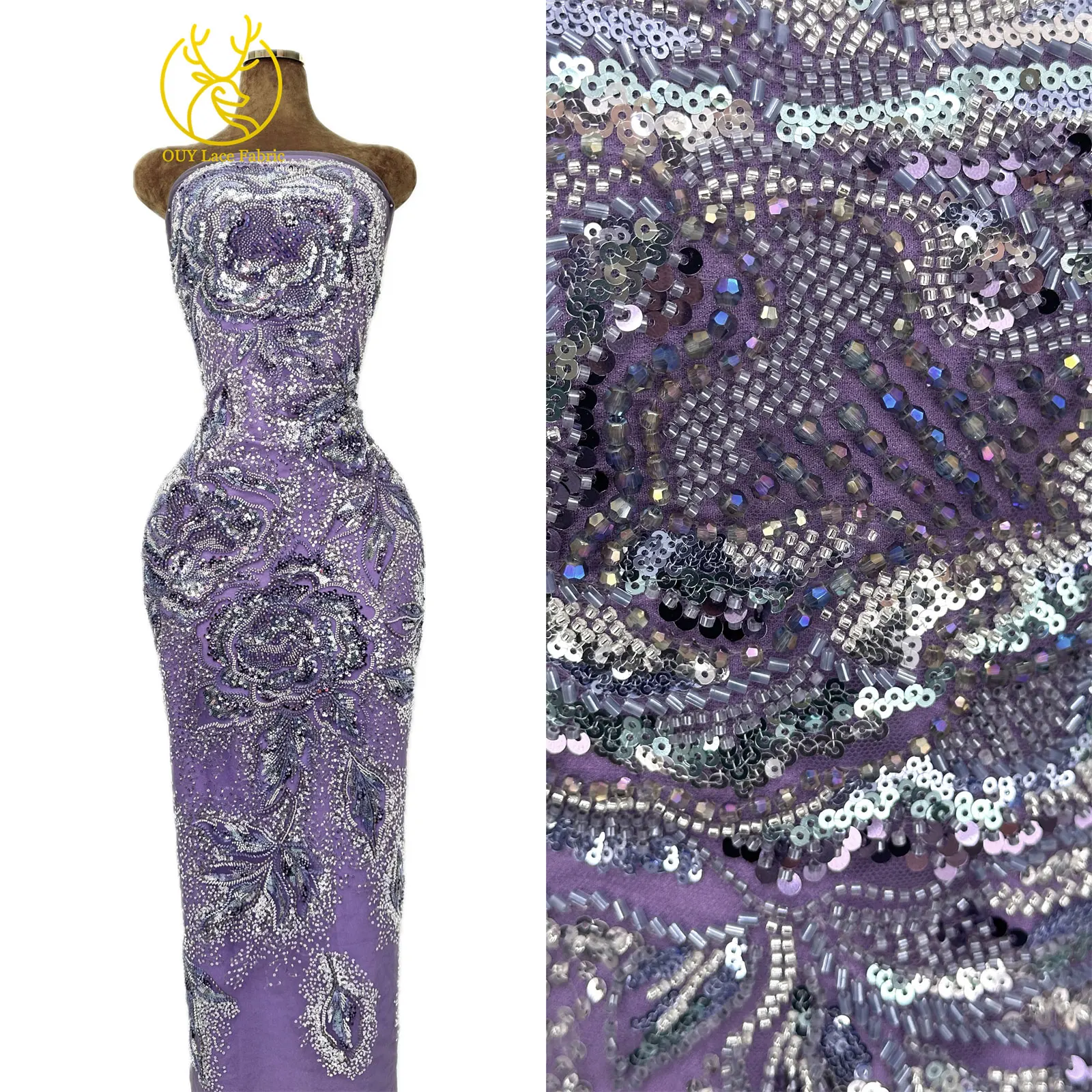 Afrikanischer Bräutigam Schwer Perlenverzierter Spitzenstoff 2026 Hochwertige Französische Nigerianische Pailletten-Spitze Brautkleid-Material – Detail 5