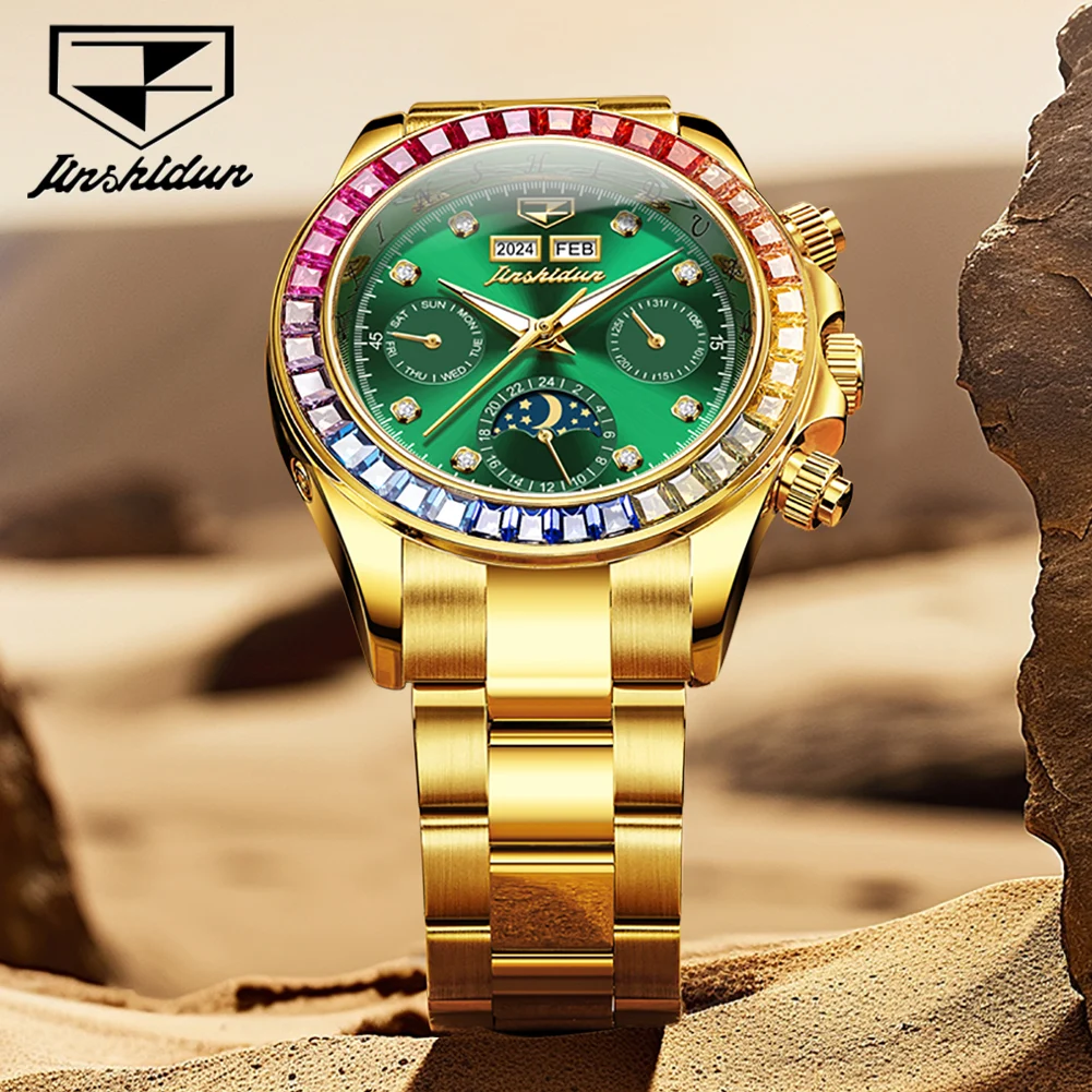 JSDUN 8974 Men Watch Top Luxury Men Automatic Watch Gold Original Sports Moon Phase Luminous Waterproof Men Mechanical Watch