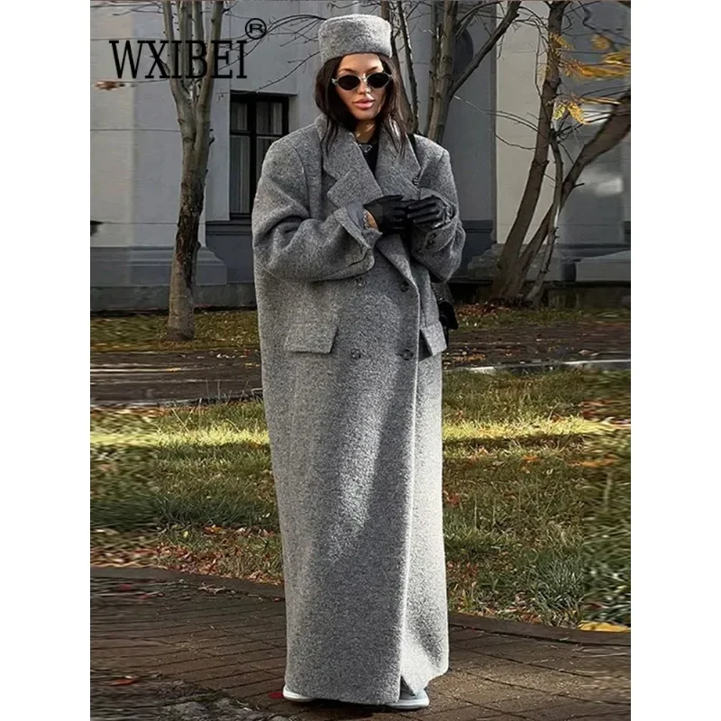 Retro Turn Down Collar Long Coat Women Autumn Solid Long Sleeve Maxi Coats Female Elegant Chic Oversize Double Breasted Outwear