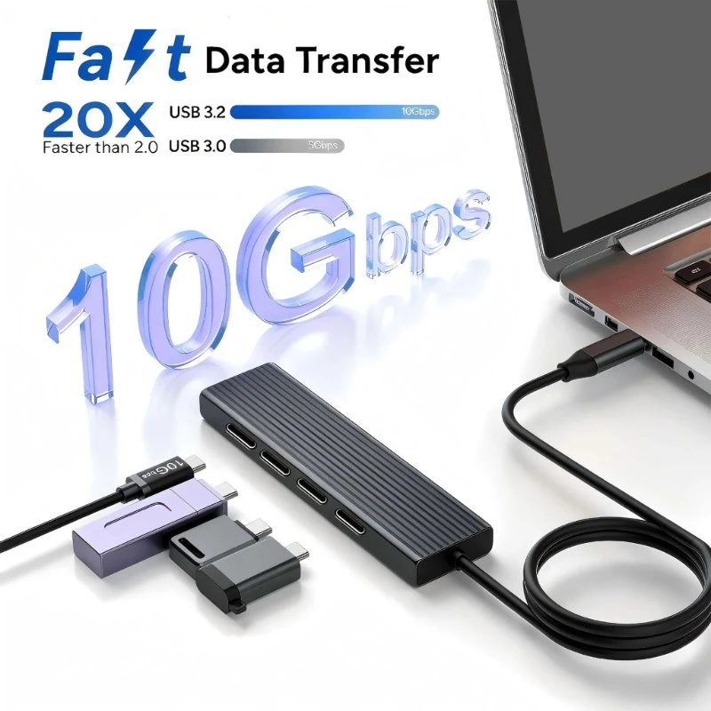 Type C Splitter for Desktop Expansion, Four Way Aluminum Unit with Linked Cable and 10Gbps Data Transfer for Daily File Moving