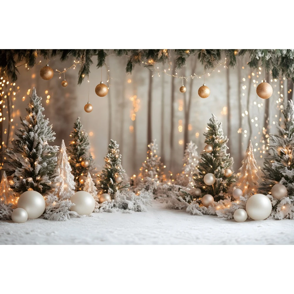 White Christmas Photography Background Xmas Pine Tree Gold Bells Winter Snow Kids Portrait Christmas Decor Backdrop Photo Studio