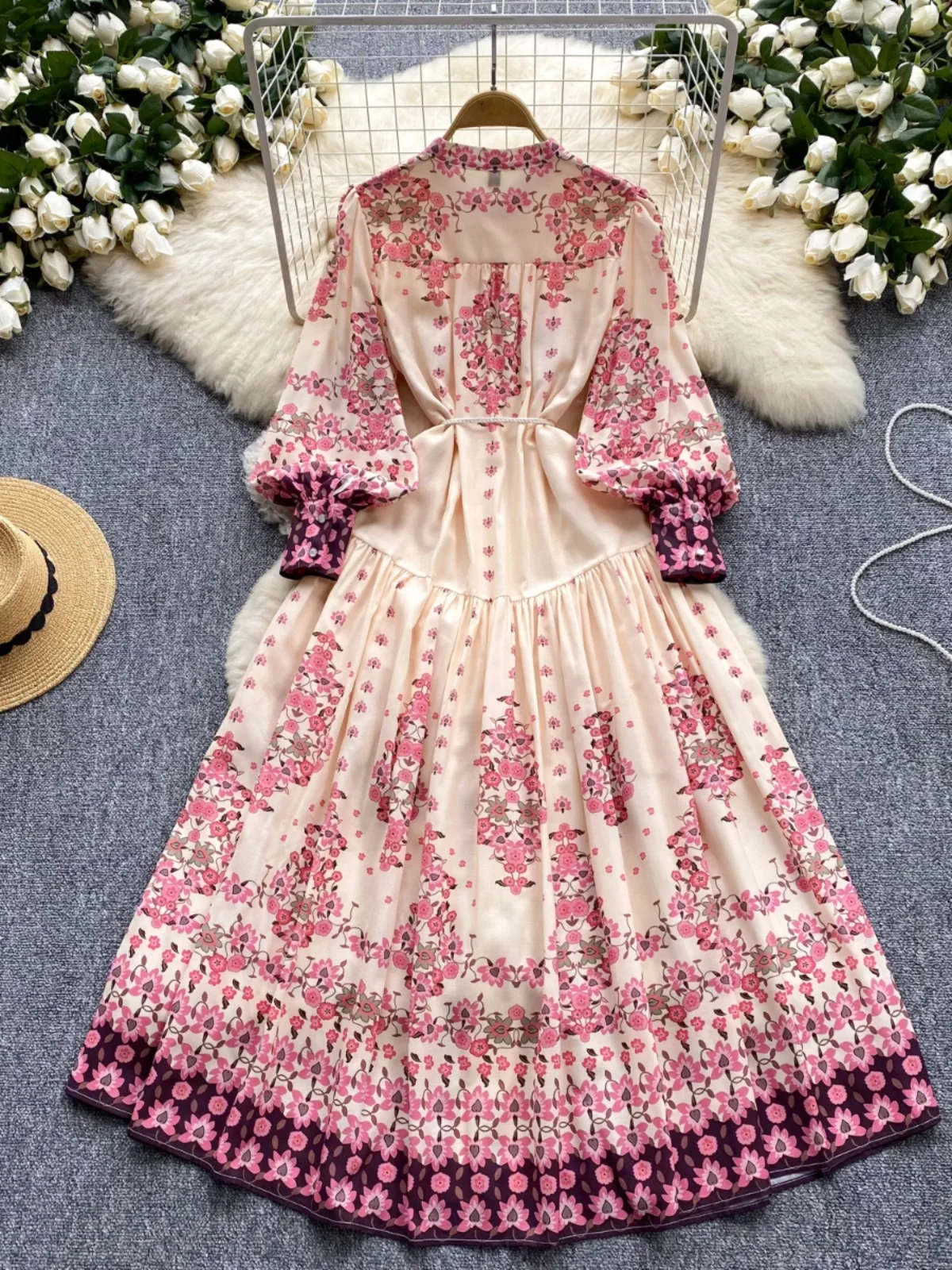 Women Beach Long Dress Spring Autumn Long Sleeve Single Breasted Printed Floral Dresses Ladies Vintage Party Long Robe Vestidos