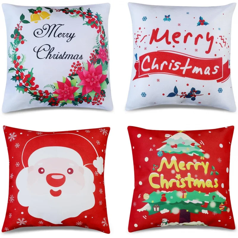 Set of 4 Christmas Decorative Pillow Covers Square,Winter Holiday Home Decor Floral Hoop Santa Claus Xmas Tree Cushion Covers