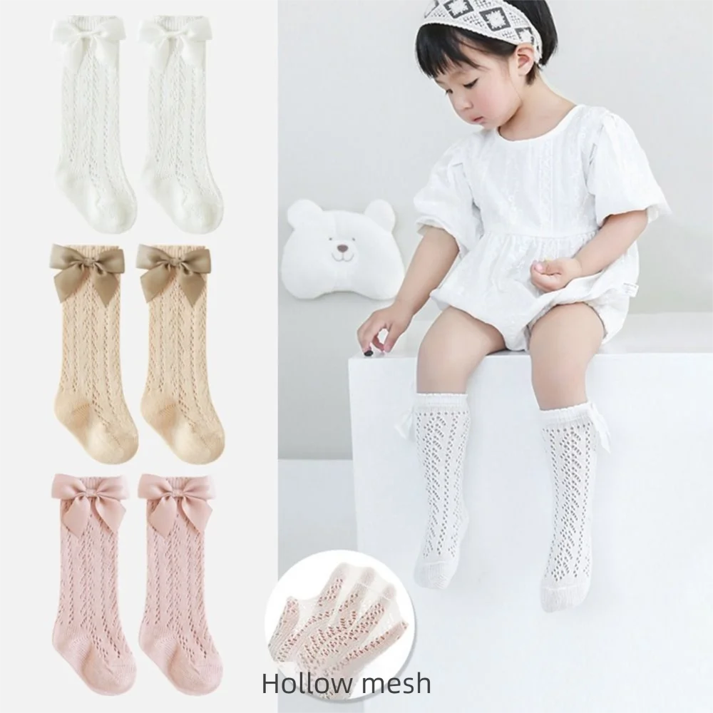 

Милые хлопковые носки для девочек с бантом, мягкие милые детские длинные носки-трубочки, дышащие эластичные сетчатые носки принцессы для детей 0-5 лет