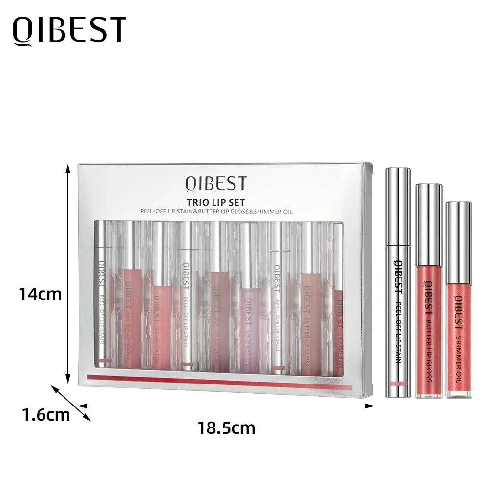 Qibest 9 pçs conjuntos de maquiagem labial multifuncional descascar manchas labiais, esmalte labial espelhado, óleo labial brilhante duradouro matiz cosméticos