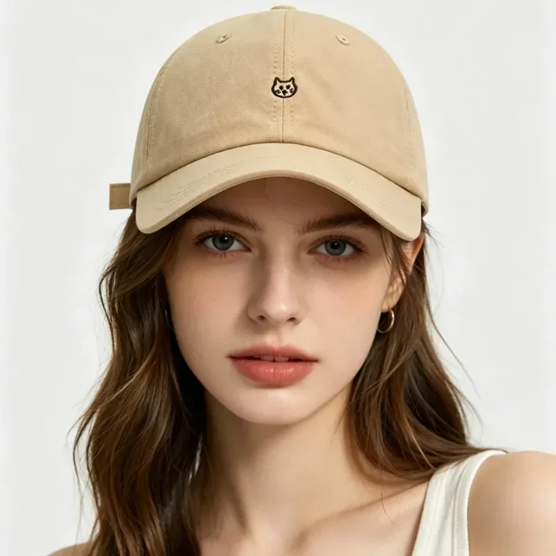 Low Profile Cat Embroidery Baseball Cap, Adjustable Cotton Dad Hat, Breathable Beige Sun Hat for Daily & Outdoor Use view 2