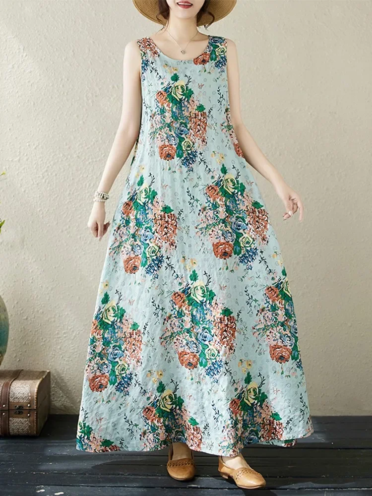 فساتين قطنية عتيقة بدون أكمام كبيرة الحجم جديدة في الفساتين للنساء فستان صيفي طويل فضفاض غير رسمي ملابس أنيقة 2025 #4