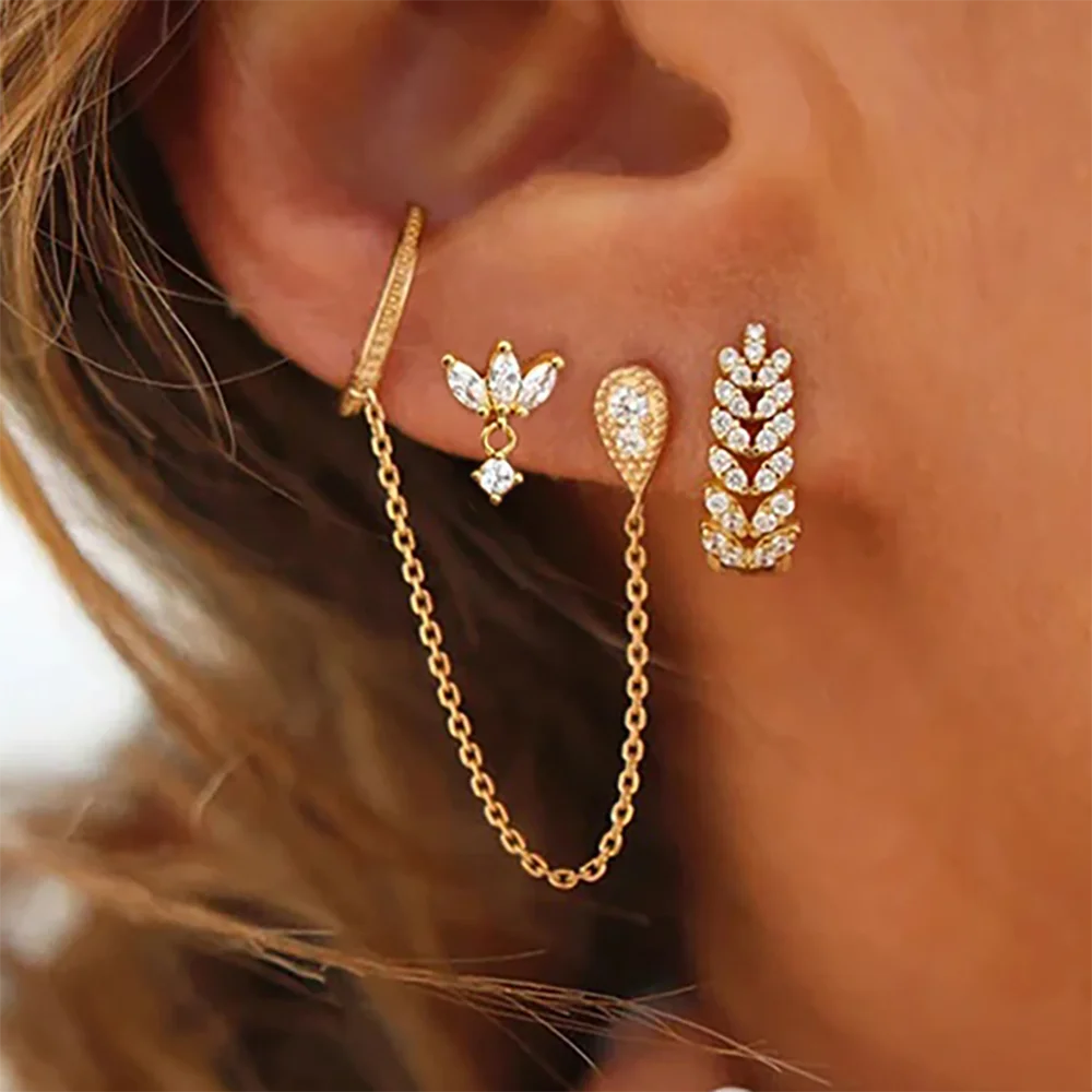 3PCS Luxury Fashion Gold Silver Color Zircon Wheat Hoop Earrings Set for Women Tassel Chain Ear Stud Female Jewelry aretes