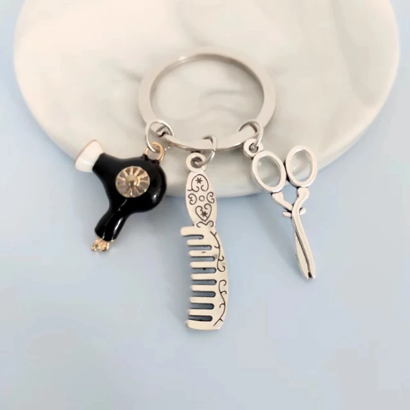New hairstylist keychain hair salon keychain hair dryer scissors comb keychain hairdresser men and women fashion jewelry gifts