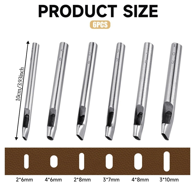 가죽 공예용 타원형 구멍 펀치, 중공 가죽 공예 핸드 펀칭 도구 키트, 6 가지 크기, 6mm-10mm