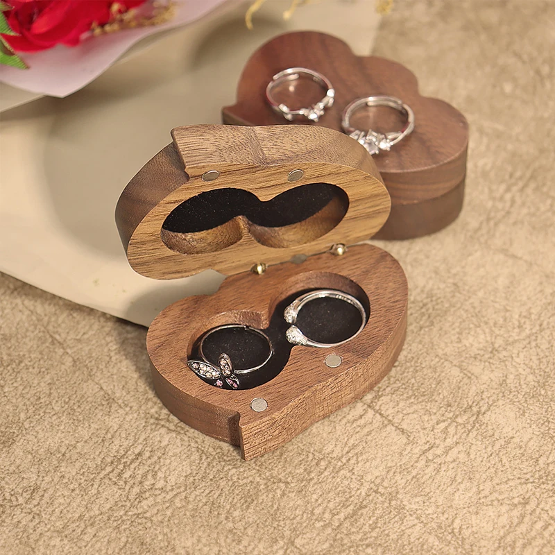 

Шкатулка для драгоценностей из черного ореха с двойным сердцем - держатель для обручального кольца из цельного дерева, подарок с двойным сердцем для пар