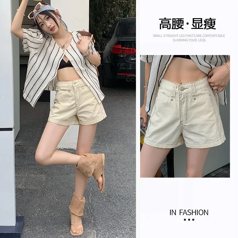 Celana Pendek Denim Pinggang Tinggi Rasa Desain, Celana Kaki Lebar Longgar Fashion Baru Musim Panas Wanita, Jeans Pendek Kaki Lurus Kasual untuk Wanita