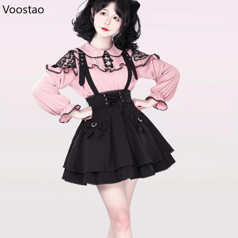 Kawaii Lolita Style Skirt Set Y2k Japanese Women Sweet Lace Ruffles Long Sleeve Blouses Short Suspender Skirt Suit Korean Sets