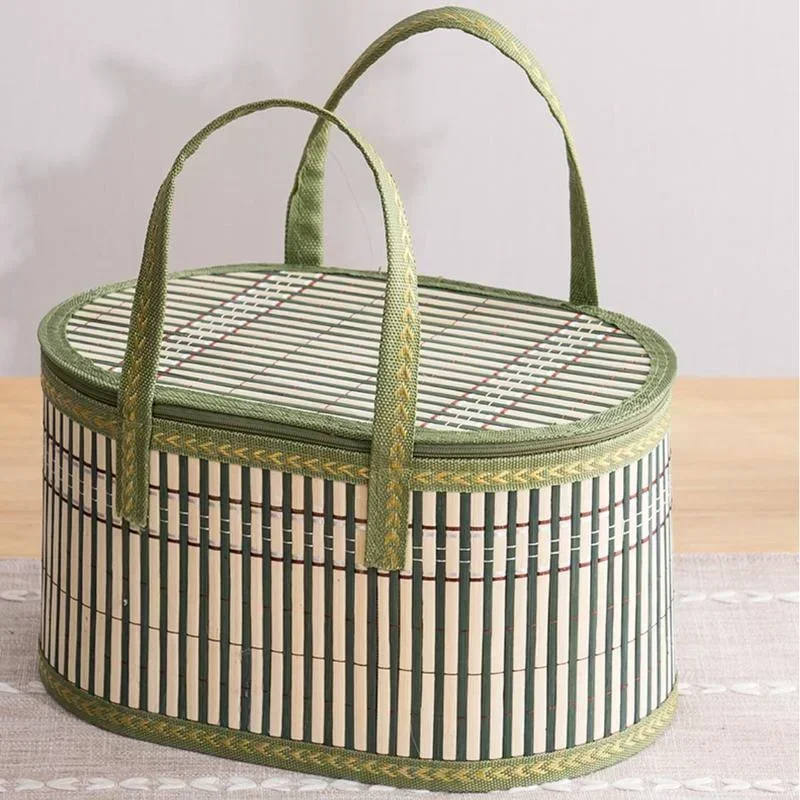 

Bamboo Basket Eco Friendly Cylinder Lunch Bag Dessert Mooncake Fruit Egg Picnic Tote Bags Gift Box Reusable Shopping Bag