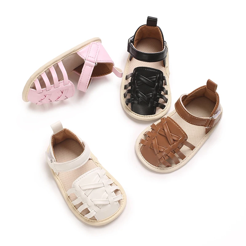 

Fashionable solid color 0 toddler's first toddler crib 0-18M newborn baby summer PU hollow sandals baby shoes soft sole anti sli