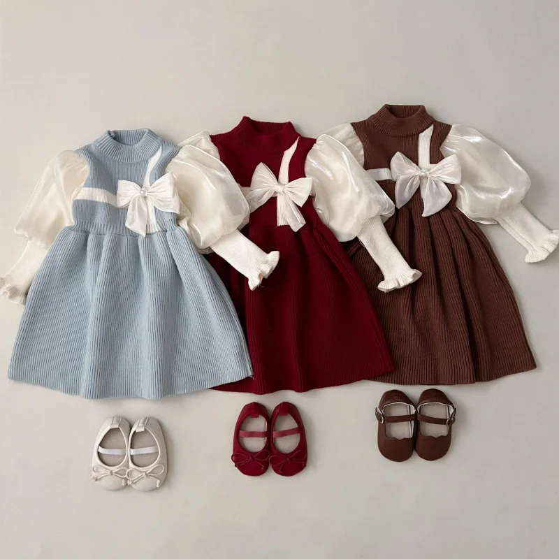 Foreign Trade Children's Wear Factory Girls' Long Dress2024Autumn and Winter New Puff Sleeve Bow Fashionable Stylish