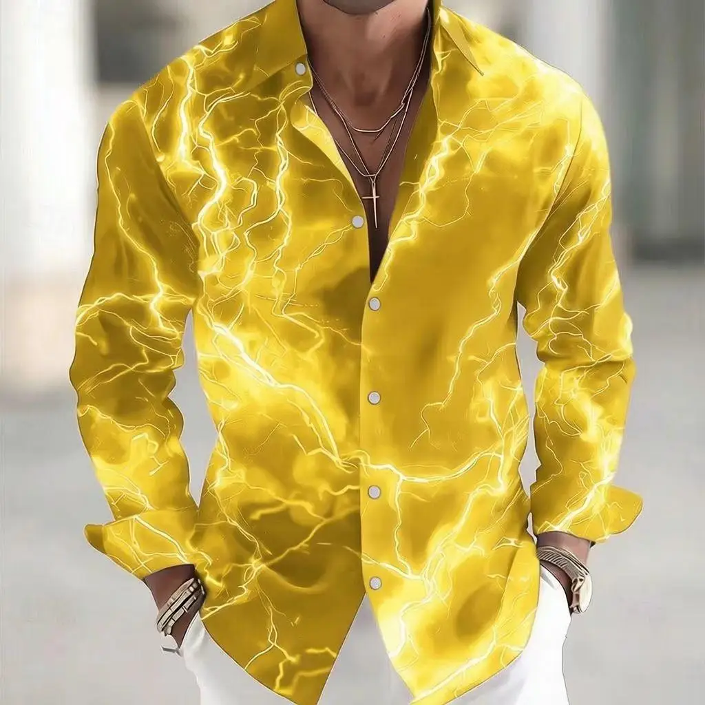 

Lightning pattern men's long sleeved shirt, casual and comfortable, fashionable and trendy, street outdoor, soft fabric