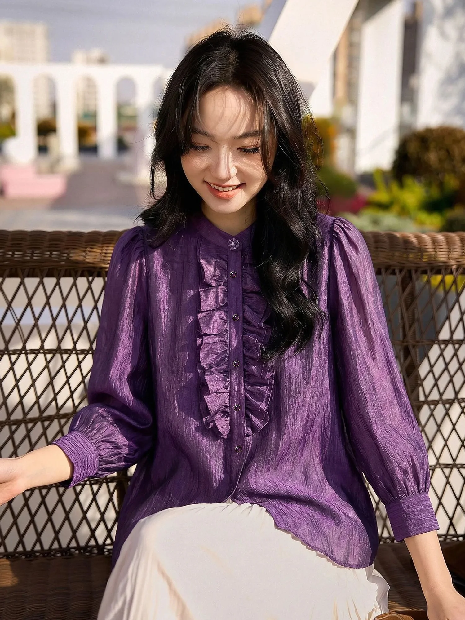 

Chivirin Commuter Style Purple Ruffle Sleeve Shirt Women's Fashionable Bubble Sleeve Top Slimming Color Long Sleeve