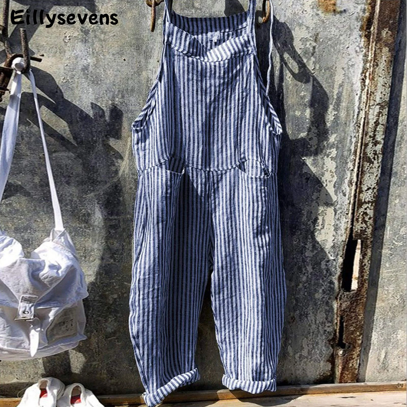 Striped Print Casual Women Overalls Wide Leg Big Pocket Summer Jumpsuit Sleeveless Ankle Length Overall Streetwear Combinaison