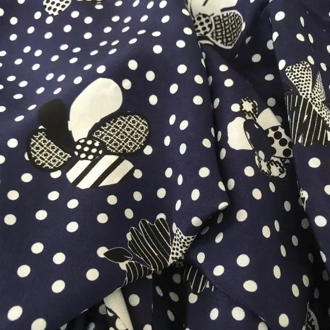 1 meter 100% Mulberry Silk 14 momme Crepe Silk Fabric Navy Blue Dots Printed 140cm 44