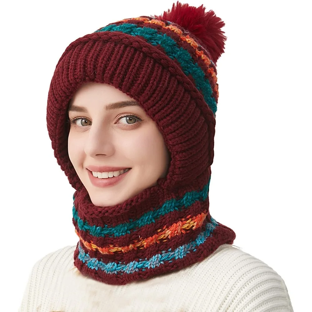 

Women Winter Beanie Hats One Piece Fleece Lined Knit Balaclavas Mask Set Skull Neck Circle Scarf Ski Snow Hat Pompom