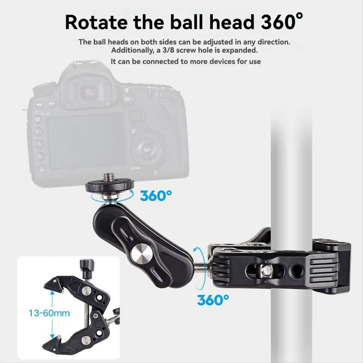 L77A Aluminum Super Clamp with Double 360° Ball Head Magic Arm for Aciton Mobile Phone Action Camera