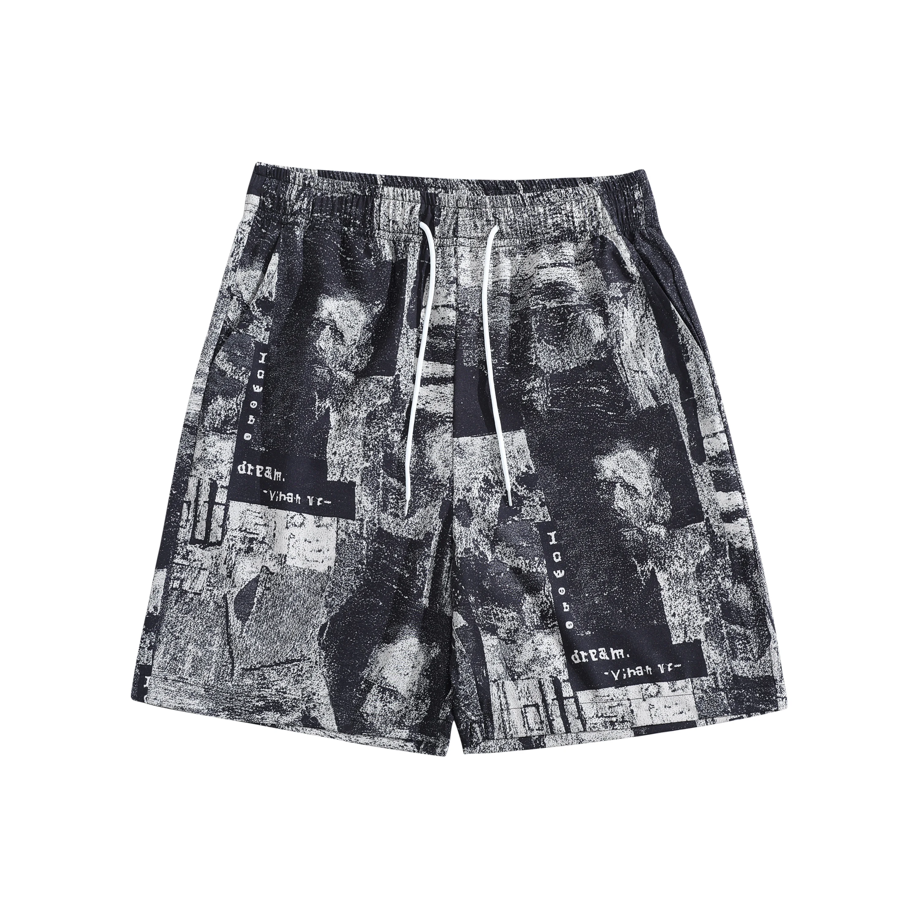 

Мужские черные повседневные шорты с абстрактным принтом и эффектом потертости, на эластичном поясе с завязками, свободного кроя, в винтажном стиле, для уличной моды