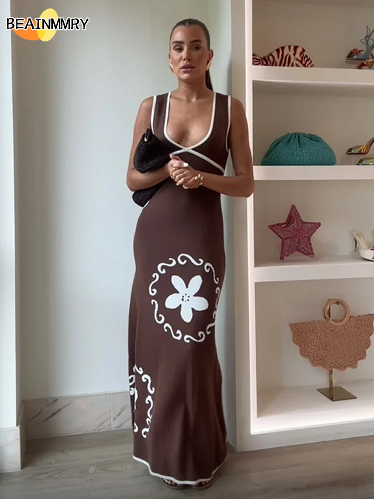 

2025 Summer Sleeveless Maxi Dresses Women Elegant Backless V-Neck Printed Patchwork Off Shoulder Beach Party Evening Gowns Chic