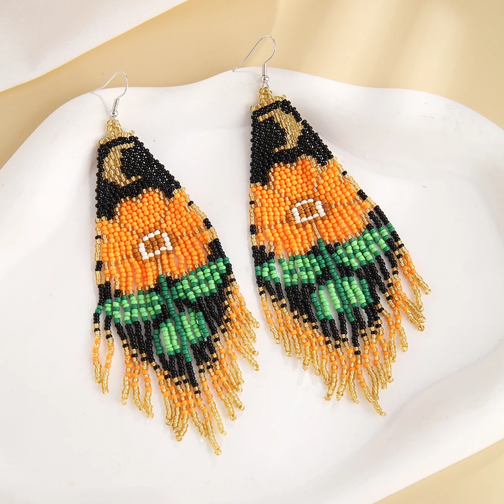 Bohemian Style, Hand-Beaded Earrings With Moon Flower Tassels, Gift For Girlfriend