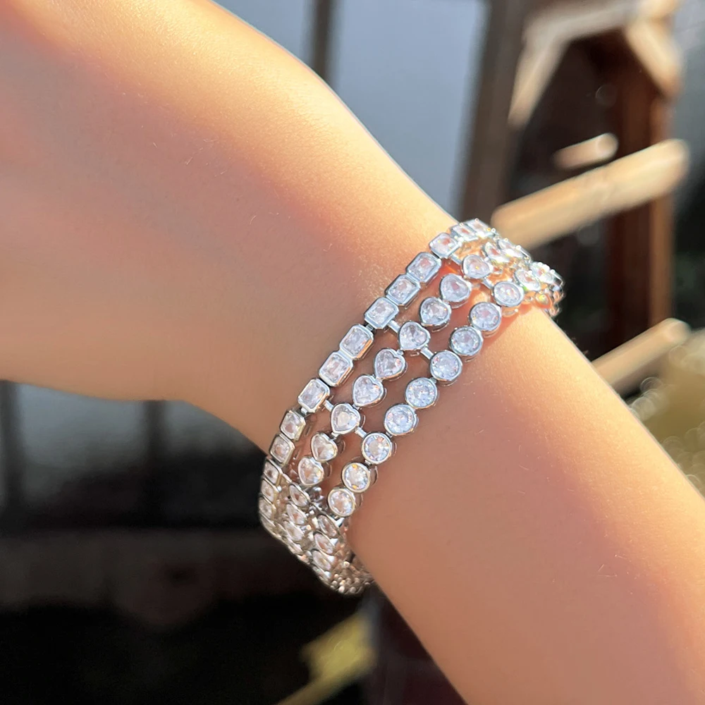 BeaQueen Luxury Geometric Wide Round Love Heart Shape Multiple Cubic Zirconia Bracelet for Women Wedding Engagement Jewelry B267