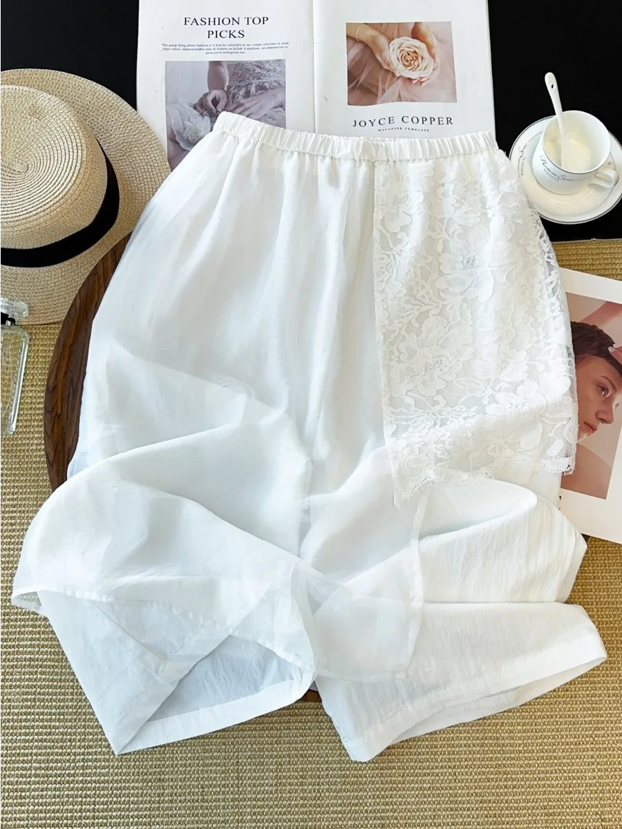 

Loose Korean Style White Lace Women's Straight Leg Pants Nine Points Summer New Arrival Casual Cotton Trousers for Ladies