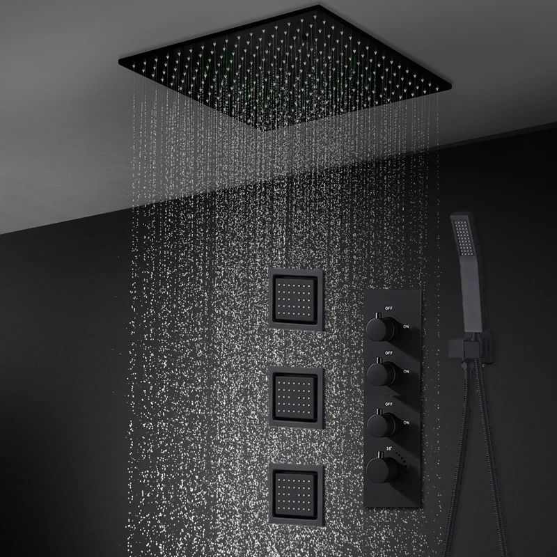 

Rain Shower 20'' Ceiling Mounted Showerhead Thermostatic Diverter Valve Black Bathroom System