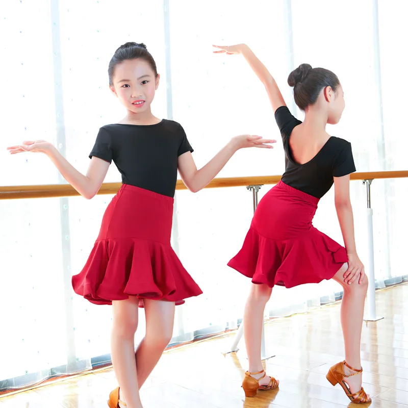 

1set/lot children fashion latin dance costumes girl cha cha tango dance black leotard and mermaid skirt