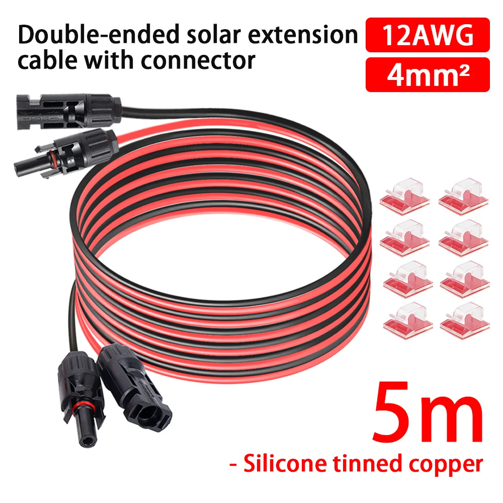 แผงพลังงานแสงอาทิตย์สายไฟ 12AWG 3M 5M Extension สีแดงสีดํา Solar Connectors ปลั๊กซิลิโคนทนความร้อนสายไฟ