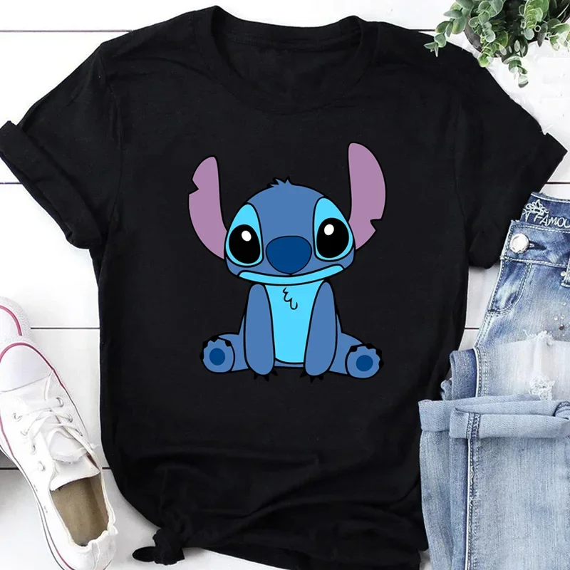 Lilo Stitch Cartoon T-shirts But First Coffee Tops for Women Summer Graphic Female Cute T-shirts Black O-neck Casual Tee Lady