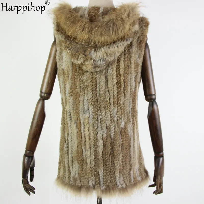 Harppihop fur New natural Fur Vest Genuine Rabbit Fur Knitted Gilet with fur Hooded Long Coat Jackets with pocket Women Winter