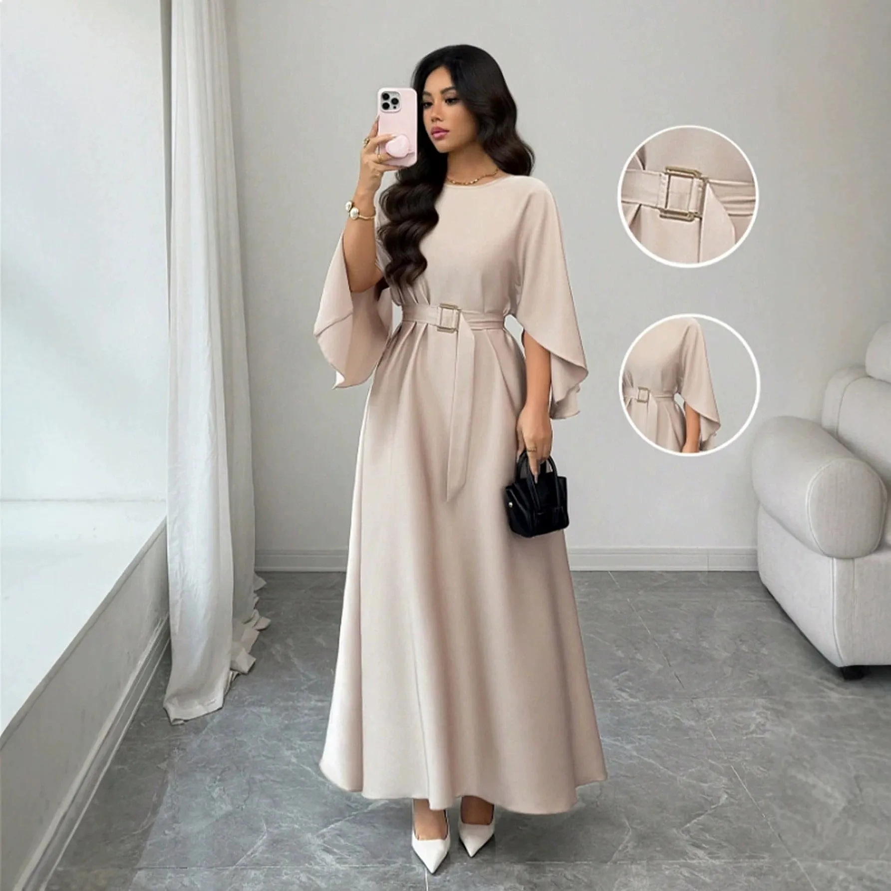 Women Round Neck Waist Tie Long Dress Loose Batwing Sleeve Solid Color Dresses