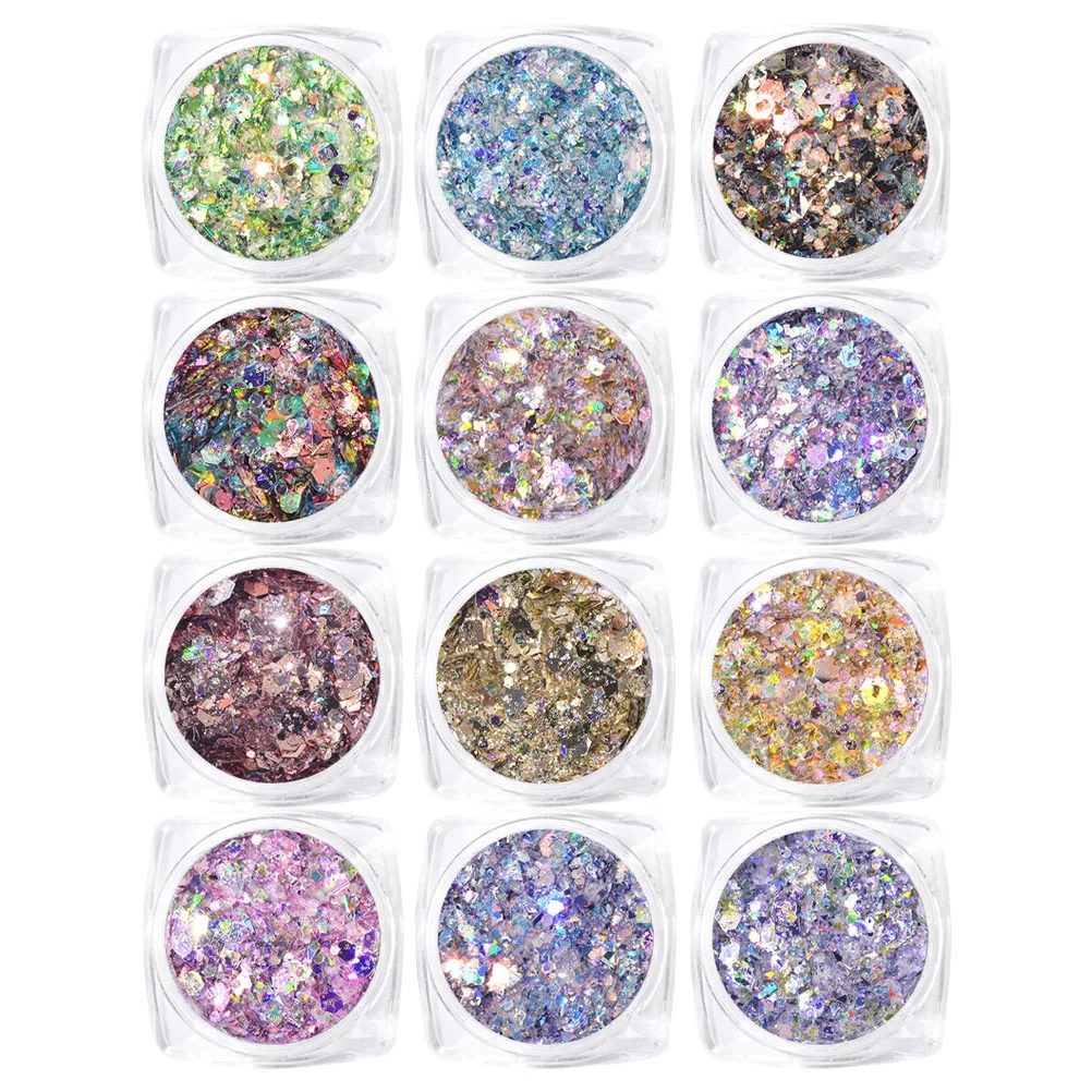 

12 Boxes Sparkly Nail Art Sequins Easy Manicure Glitter Stickers Charming Nail Decals for Girls Women