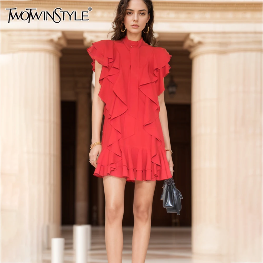 

TWOTWINSTYLE Solid Casual Spliced Ruffles Dress For Women Stand Collar Short Sleeve High Waist Loose Dresses Female KDR509103