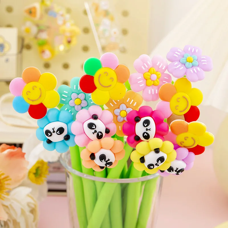

50 шт./лот, креативная гелевая ручка с мультяшным цветком, 0,5 мм, черные чернила, милые нейтральные ручки с цветком панды, детские школьные канцелярские принадлежности, приз