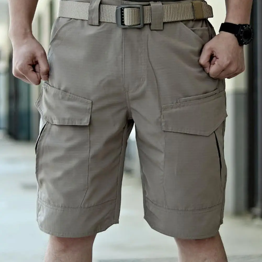 Solid Color Casual Shorts Men\'s Summer Cargo Shorts with Elastic Waist Multiple Pockets Wear-resistant Fabric for Outdoor