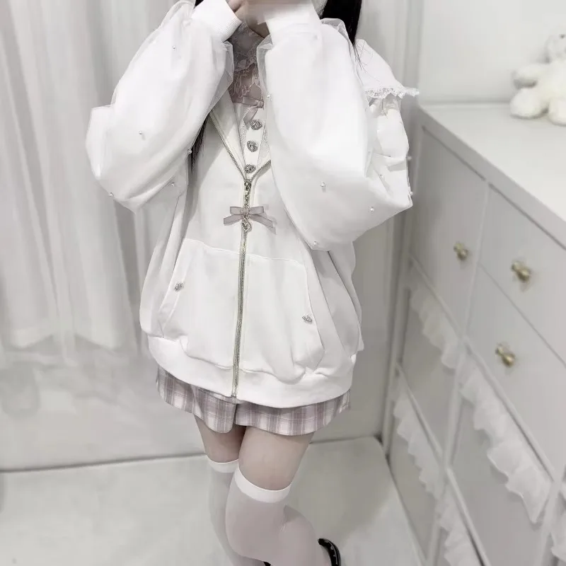 Women Oversized Zip Up Hoodie Lace Rabbit Ears Hooded Pearl Gauze Patchwork Jirai Kei Outerwear
