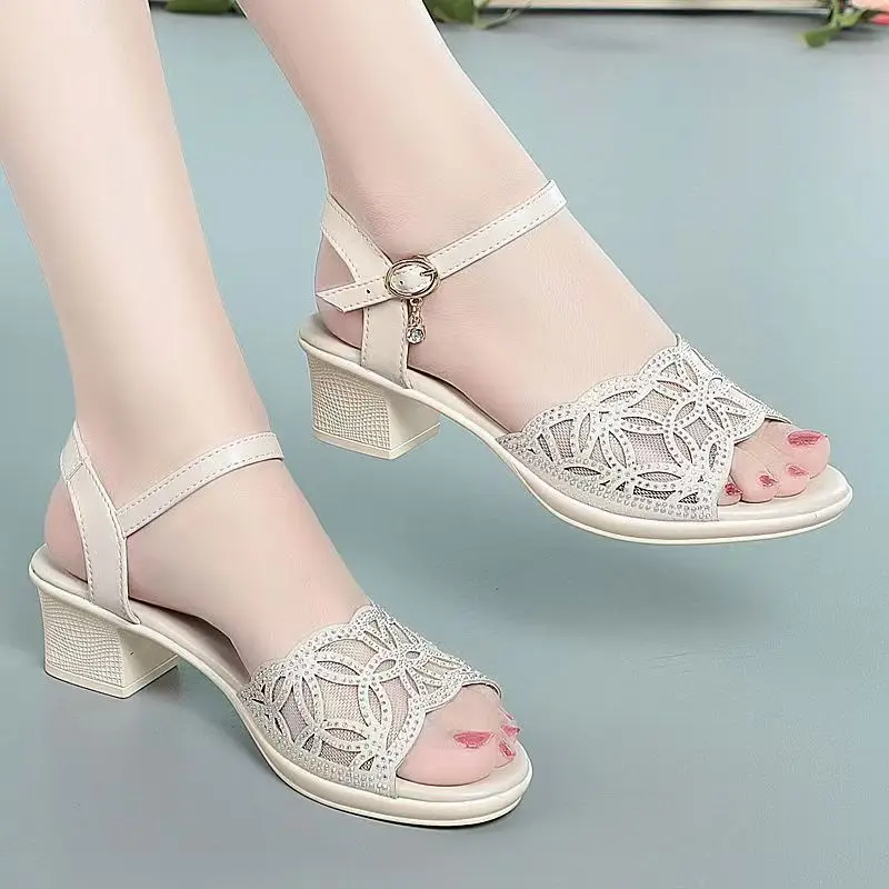 Women's Leather Mesh Rhinestone Sandals Block Heel Open Toe Soft Sole Non Slip Fashionable Buckle Strap Match Skirts Sandals
