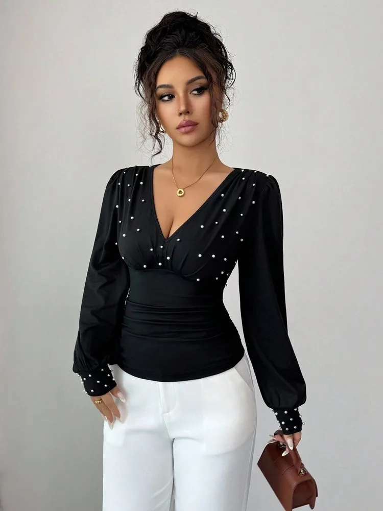 

New Autumn Winter Elegant Women Dressy Pearl Long Sleeve Slim T Shirt, Vintage Lady Fahsion Blouse Pullover Tops, Women Clothing